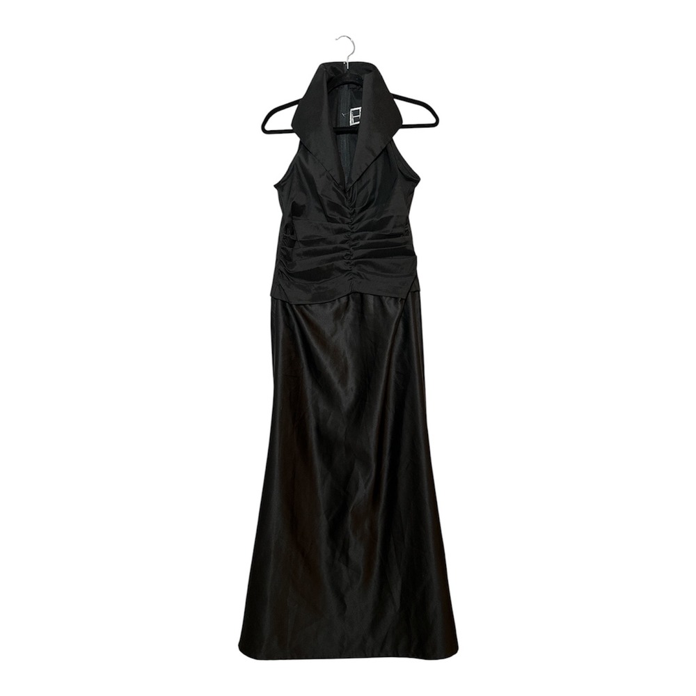 Tadashi Shoji Black Halter Neck Ruched Evening Gown Dress Size 12 Made in USA